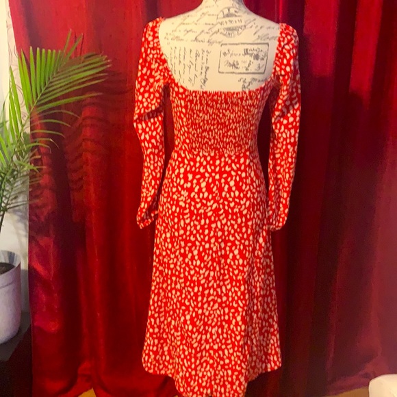 Forever 21 | Red and Cream midi Dress | side split and off shoulders | small - Picture 6 of 7